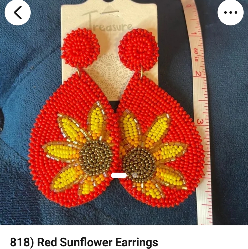 Red Beaded Sunflower Earrings